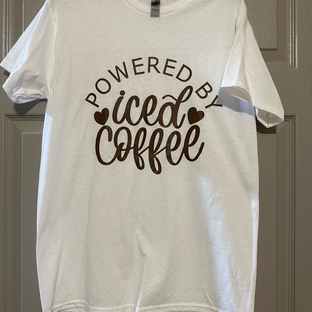 White T-Shirt with Brown 'Powered by Iced Coffee' Print